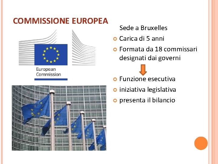 COMMISSIONE EUROPEA Sede a Bruxelles Carica di 5 anni Formata da 18 commissari designati COMMISSIONE EUROPEA Sede a Bruxelles Carica di 5 anni Formata da 18 commissari designati