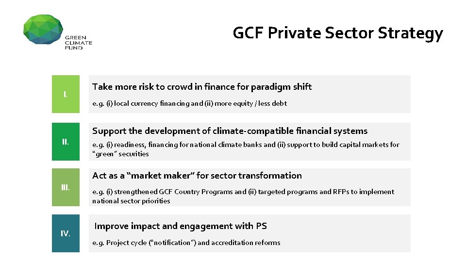 GCF Private Sector Strategy I. II. Take more risk to crowd in finance for