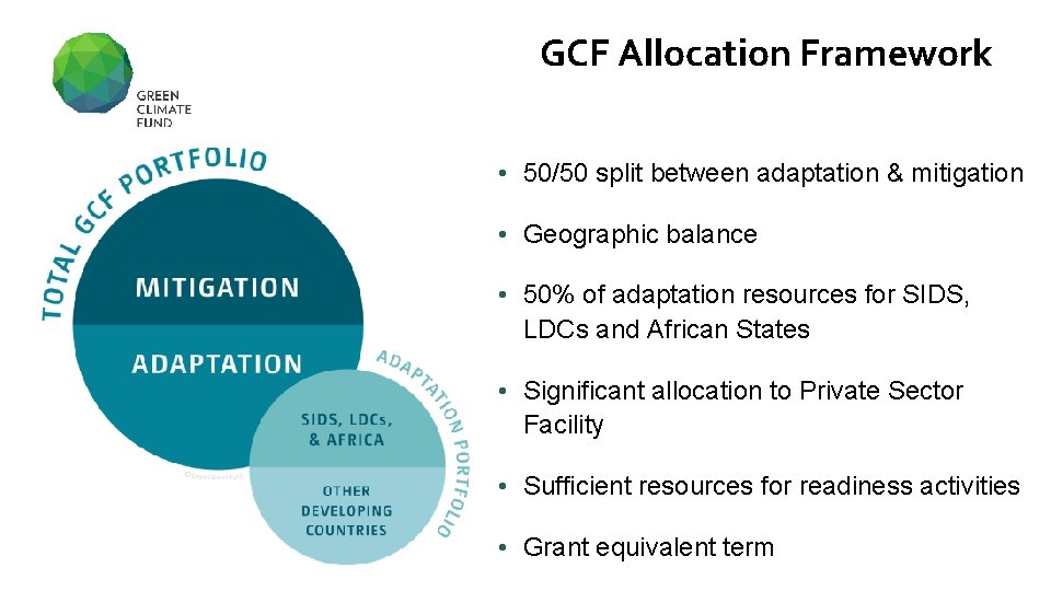 GCF Allocation Framework ALLOCATION FRAMEWORK • 50/50 split between adaptation & mitigation • Geographic