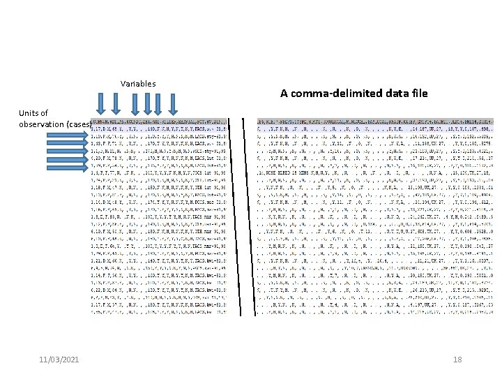 Variables A comma-delimited data file Units of observation (cases) 11/03/2021 18 