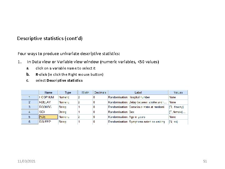 Descriptive statistics (cont’d) Four ways to produce univariate descriptive statistics: 1. In Data view