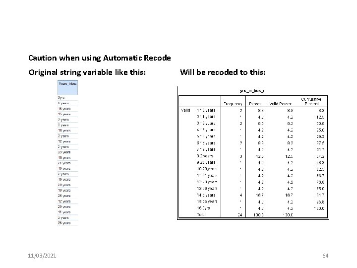 Caution when using Automatic Recode Original string variable like this: 11/03/2021 Will be recoded