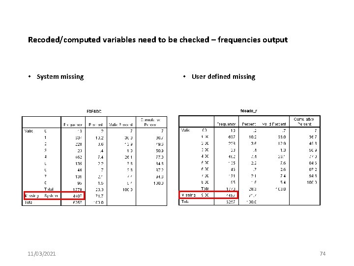 Recoded/computed variables need to be checked – frequencies output • System missing 11/03/2021 •