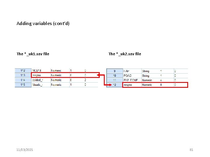 Adding variables (cont’d) The *_uk 1. sav file 11/03/2021 The *_uk 2. sav file