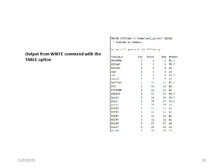 Output from WRITE command with the TABLE option 11/03/2021 91 