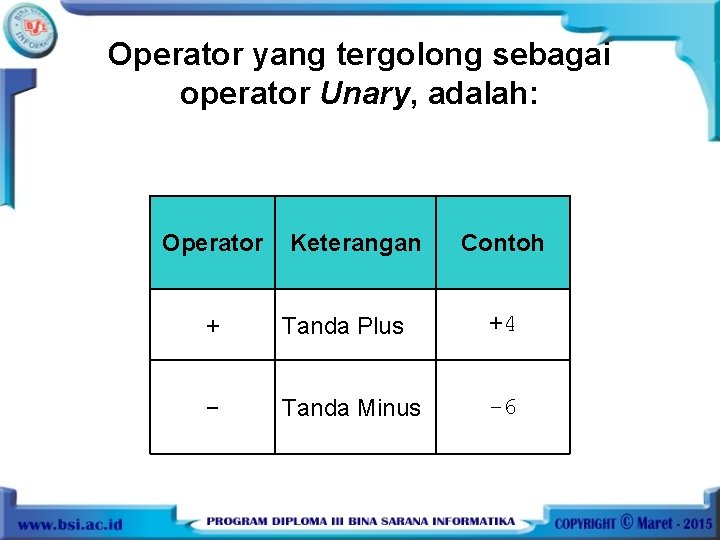 Operator yang tergolong sebagai operator Unary, adalah: Operator Keterangan Contoh + Tanda Plus +4