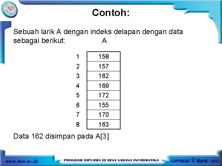 Contoh: Sebuah larik A dengan indeks delapan dengan data sebagai berikut: A 1 158