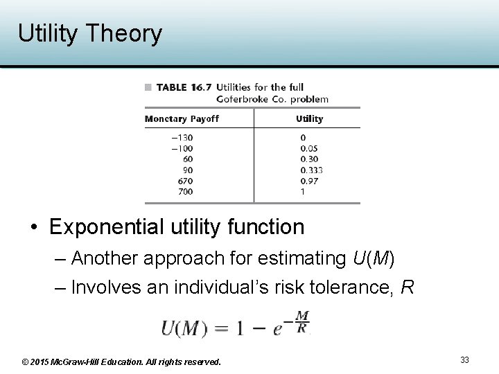 Utility Theory • Exponential utility function – Another approach for estimating U(M) – Involves