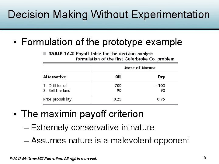 Decision Making Without Experimentation • Formulation of the prototype example • The maximin payoff