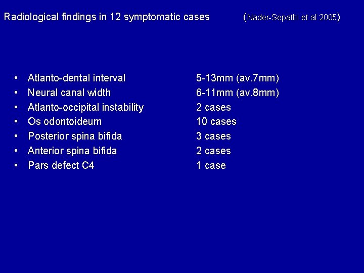 Radiological findings in 12 symptomatic cases • • Atlanto-dental interval Neural canal width Atlanto-occipital