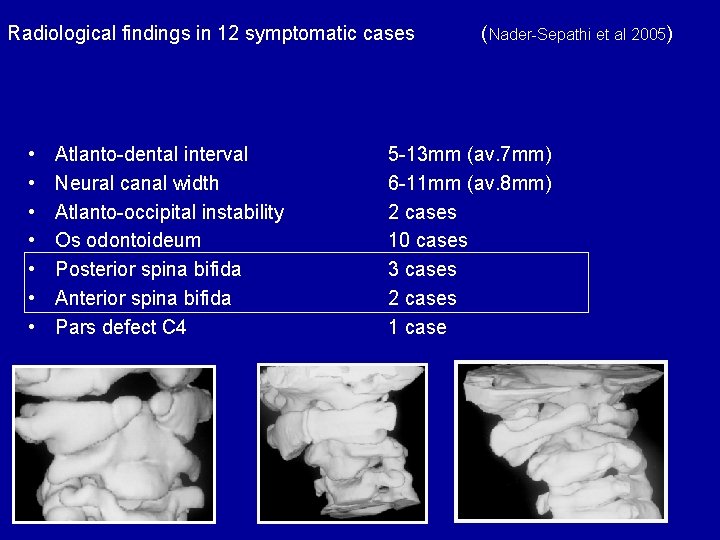 Radiological findings in 12 symptomatic cases • • Atlanto-dental interval Neural canal width Atlanto-occipital