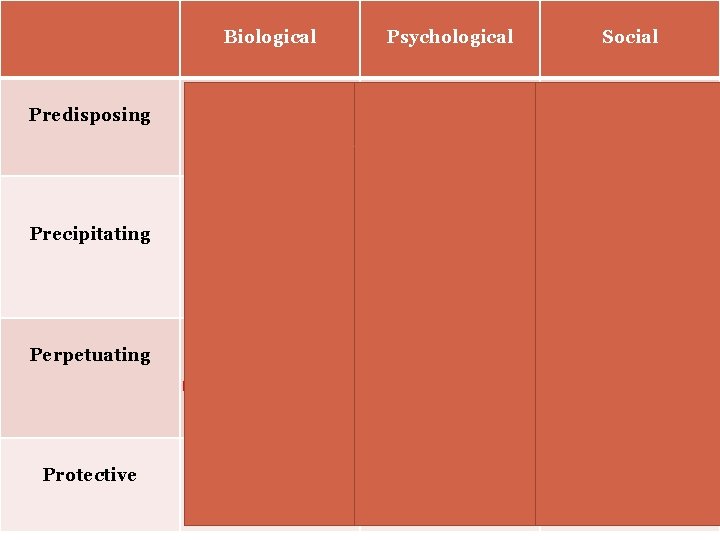 Biological Predisposing Precipitating Perpetuating Protective Prematurity Drugs in Utero Developmental delay Learning difficulties SAL Biological Predisposing Precipitating Perpetuating Protective Prematurity Drugs in Utero Developmental delay Learning difficulties SAL