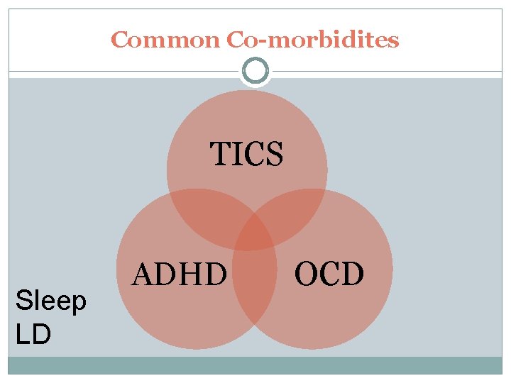 Common Co-morbidites TICS Sleep LD ADHD OCD Common Co-morbidites TICS Sleep LD ADHD OCD