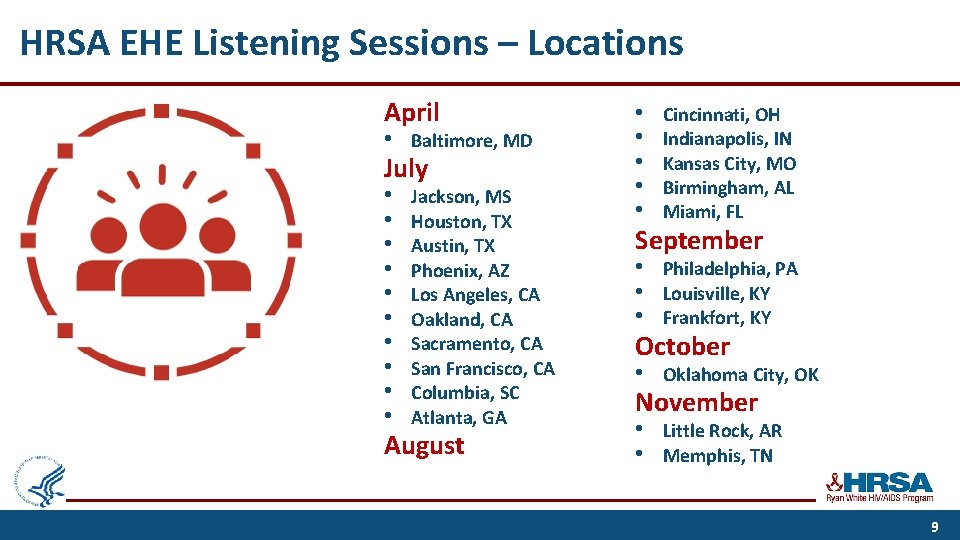 HRSA EHE Listening Sessions – Locations April • Baltimore, MD • • • Jackson,