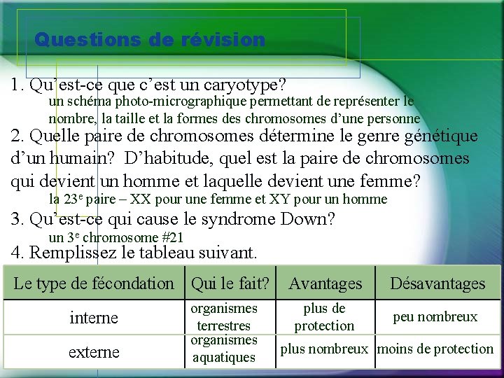 Questions de révision 1. Qu’est-ce que c’est un caryotype? un schéma photo-micrographique permettant de