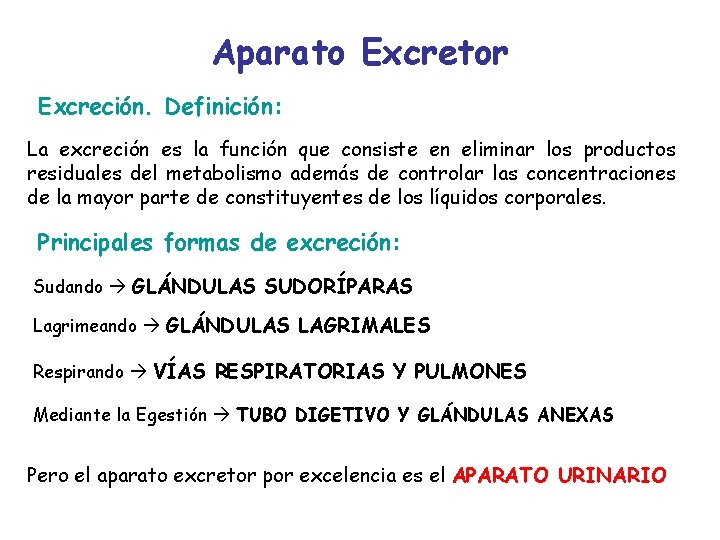 Aparato Excretor Excreción. Definición: La excreción es la función que consiste en eliminar los