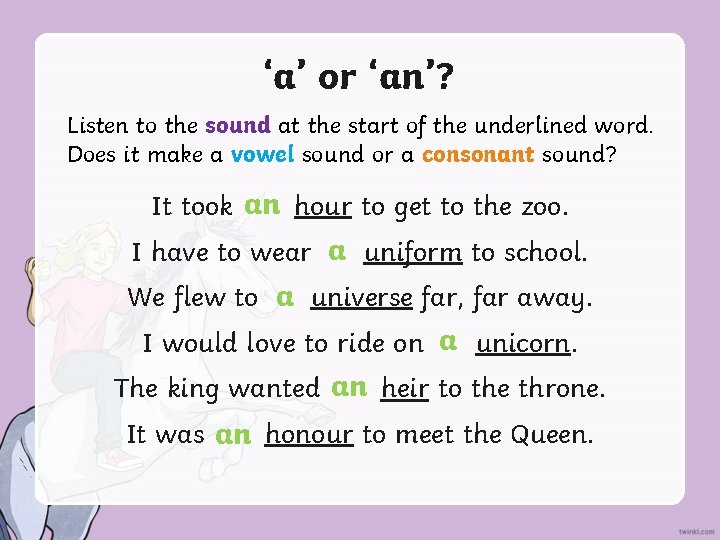 ‘a’ or ‘an’? Listen to the sound at the start of the underlined word.