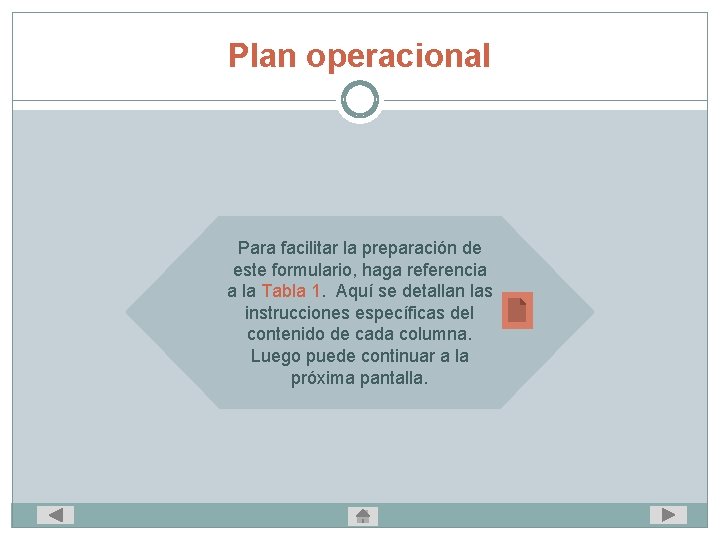 Plan operacional Para facilitar la preparación de este formulario, haga referencia a la Tabla
