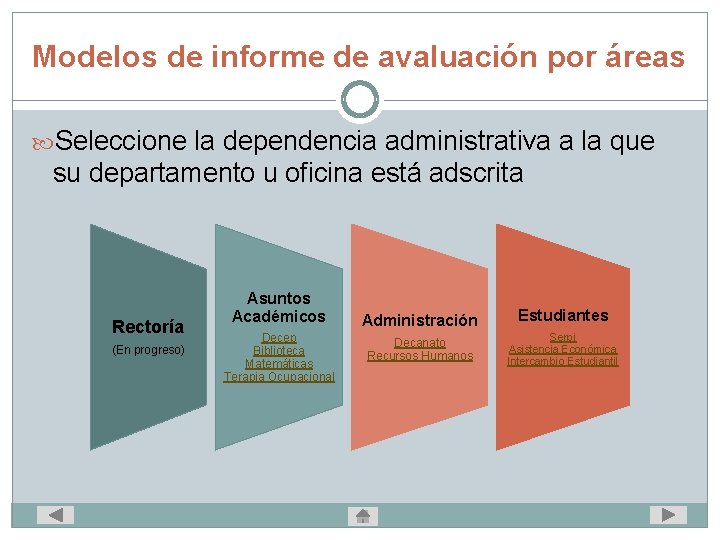 Modelos de informe de avaluación por áreas Seleccione la dependencia administrativa a la que