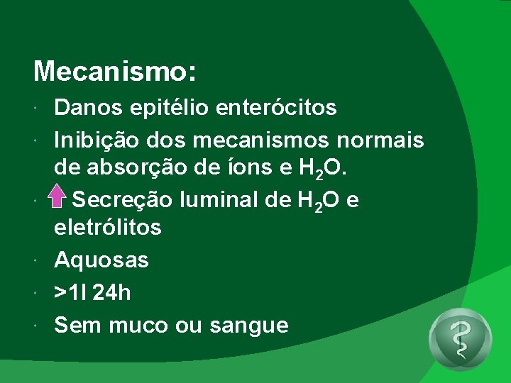 Mecanismo: Danos epitélio enterócitos Inibição dos mecanismos normais de absorção de íons e H