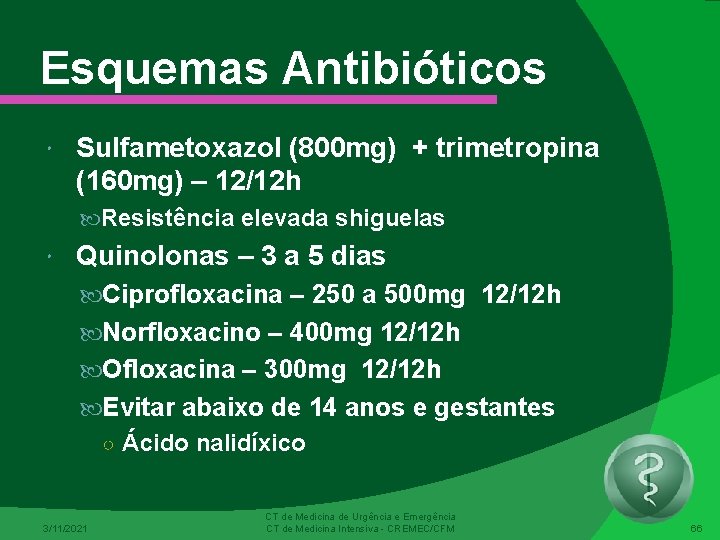 Esquemas Antibióticos Sulfametoxazol (800 mg) + trimetropina (160 mg) – 12/12 h Resistência elevada