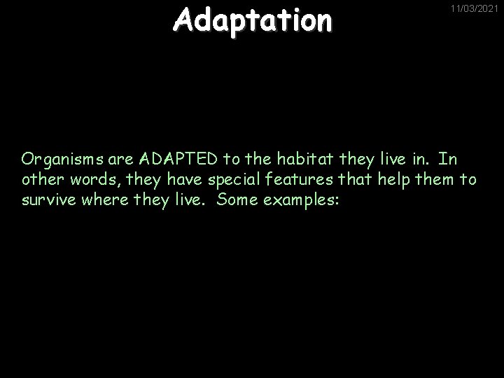 Adaptation 11/03/2021 Organisms are ADAPTED to the habitat they live in. In other words,