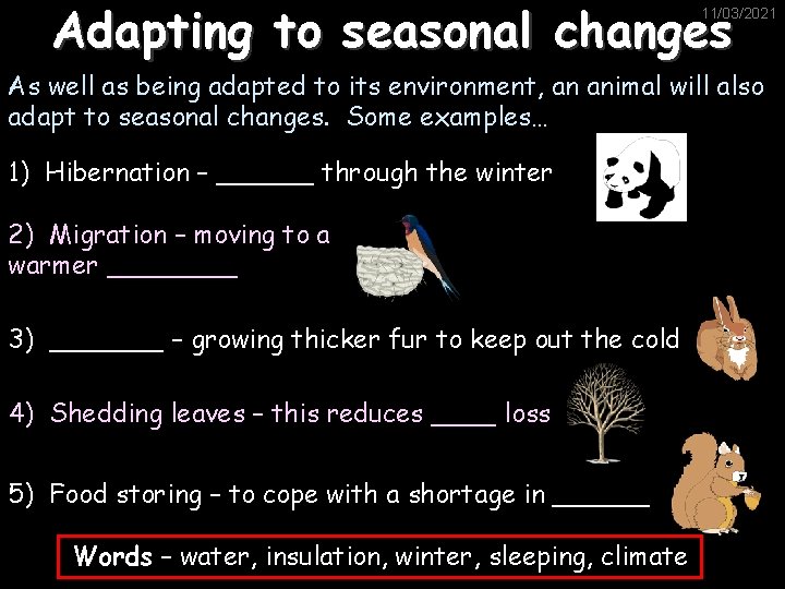Adapting to seasonal changes 11/03/2021 As well as being adapted to its environment, an