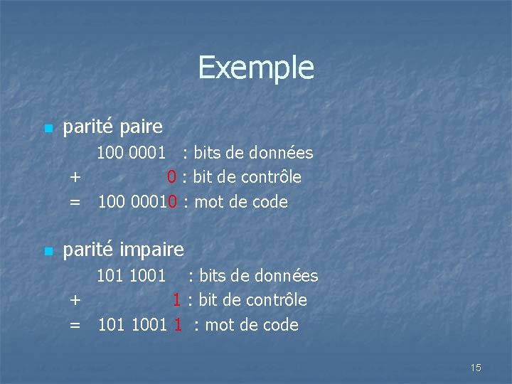 Exemple n parité paire 100 0001 : bits de données + 0 : bit