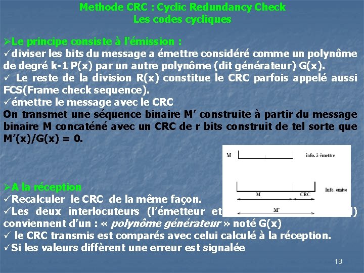 Methode CRC : Cyclic Redundancy Check Les codes cycliques ØLe principe consiste à l'émission