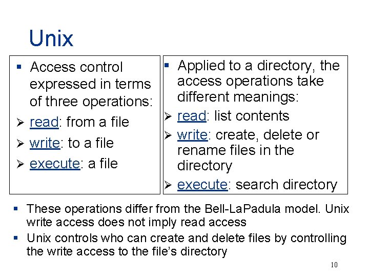 Unix § Applied to a directory, the § Access control access operations take expressed