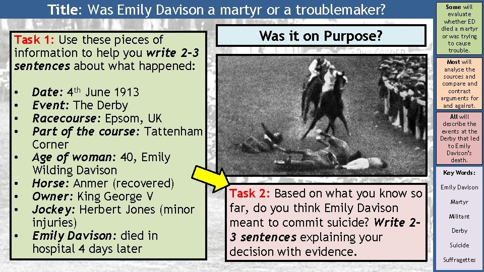 Title: Was Emily Davison a martyr or a troublemaker? Task 1: Use these pieces