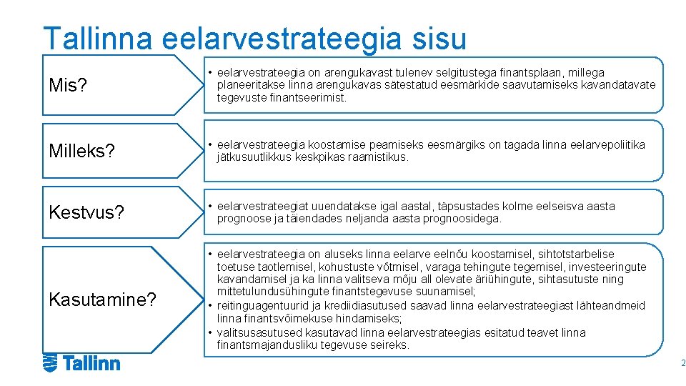 Tallinna eelarvestrateegia sisu Mis? • eelarvestrateegia on arengukavast tulenev selgitustega finantsplaan, millega planeeritakse linna