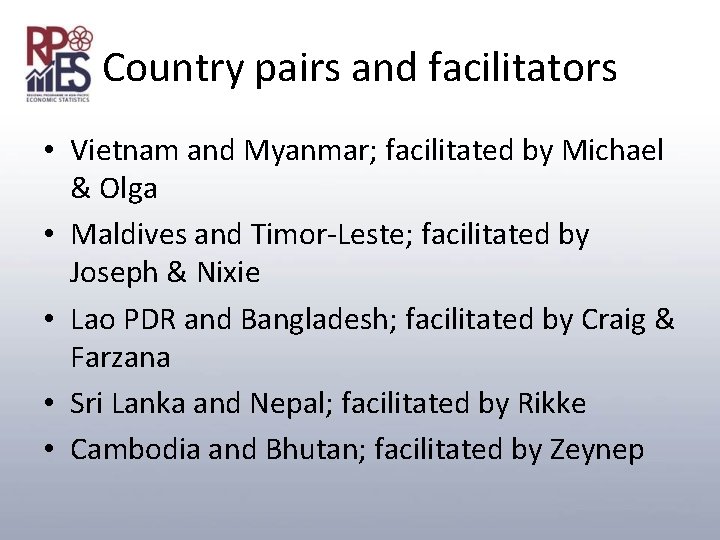 Country pairs and facilitators • Vietnam and Myanmar; facilitated by Michael & Olga •