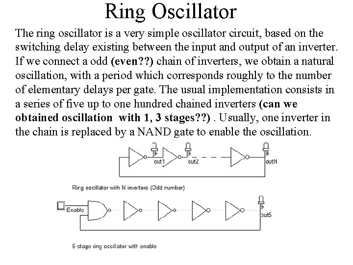 Ring Oscillator The ring oscillator is a very simple oscillator circuit, based on the