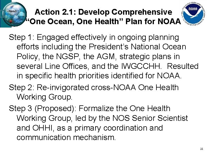 Action 2. 1: Develop Comprehensive “One Ocean, One Health” Plan for NOAA Step 1: