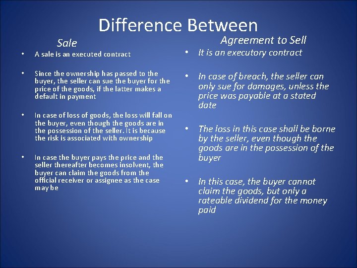 Sale Difference Between Agreement to Sell • A sale is an executed contract •