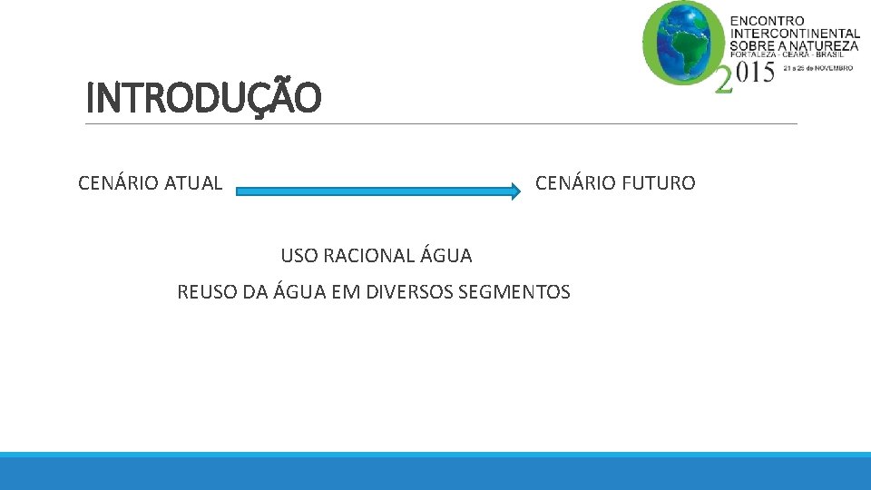 INTRODUÇÃO CENÁRIO ATUAL CENÁRIO FUTURO USO RACIONAL ÁGUA REUSO DA ÁGUA EM DIVERSOS SEGMENTOS