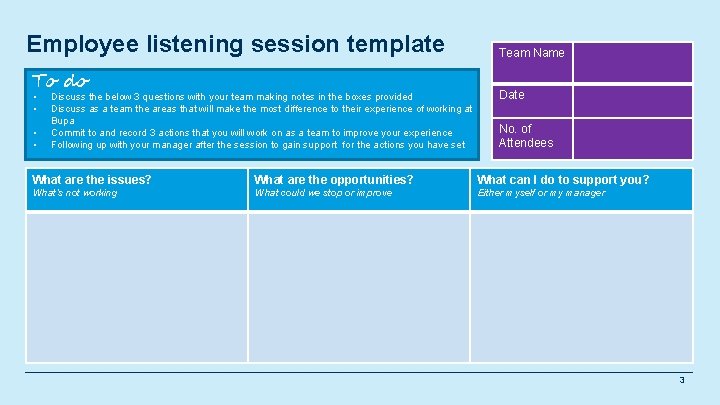 Employee listening session template Team Name To do Date • • No. of Attendees