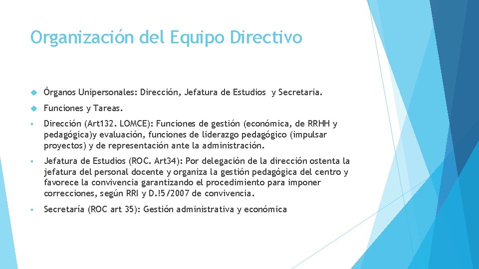 Organización del Equipo Directivo Órganos Unipersonales: Dirección, Jefatura de Estudios y Secretaria. Funciones y