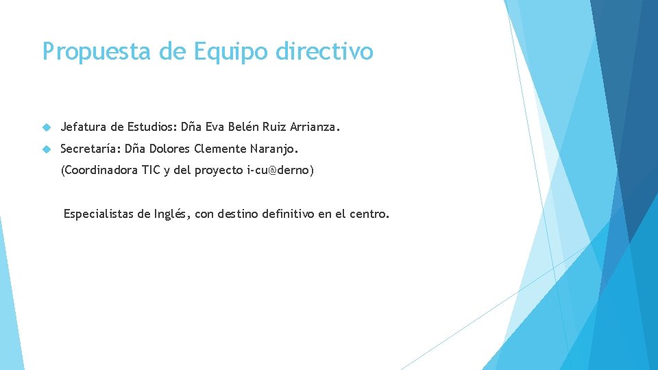 Propuesta de Equipo directivo Jefatura de Estudios: Dña Eva Belén Ruiz Arrianza. Secretaría: Dña