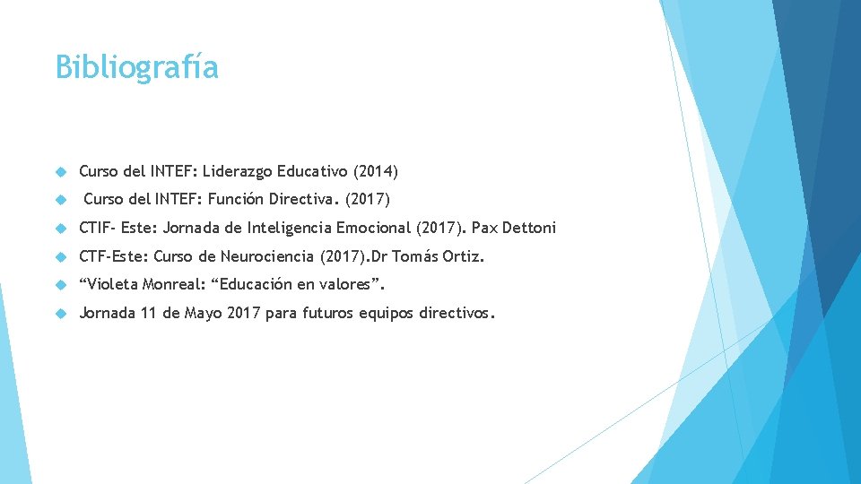 Bibliografía Curso del INTEF: Liderazgo Educativo (2014) Curso del INTEF: Función Directiva. (2017) CTIF-