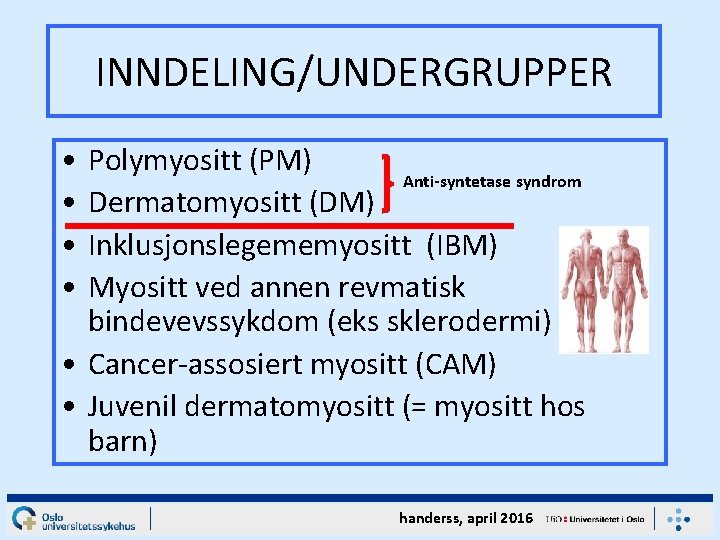 INNDELING/UNDERGRUPPER • • Polymyositt (PM) Anti-syntetase syndrom Dermatomyositt (DM) Inklusjonslegememyositt (IBM) Myositt ved annen