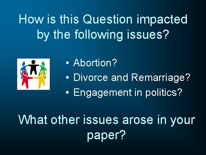 How is this Question impacted by the following issues? • Abortion? • Divorce and