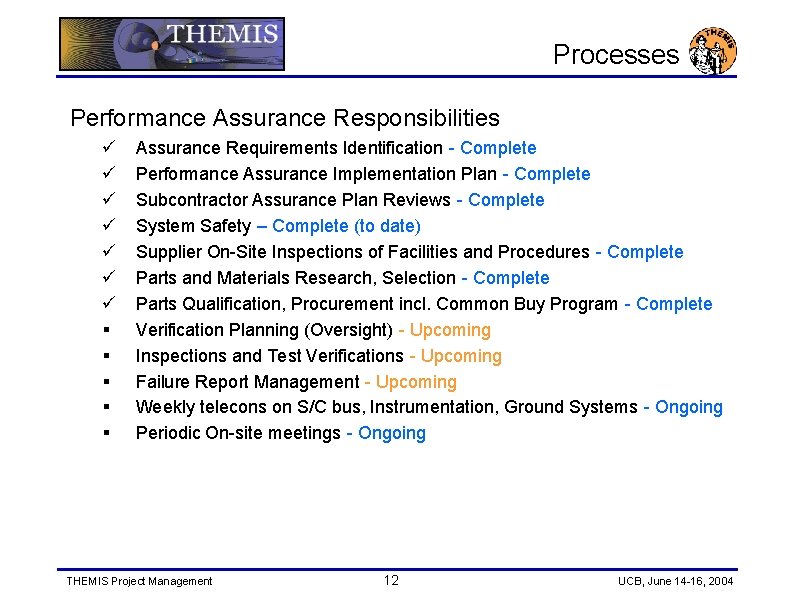 Processes Performance Assurance Responsibilities ü ü ü ü § § § Assurance Requirements Identification