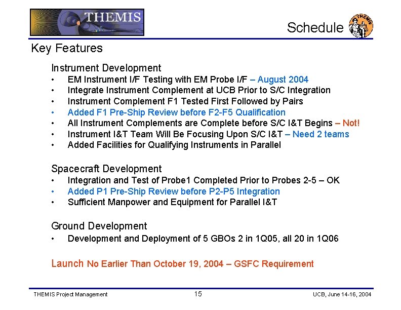 Schedule Key Features Instrument Development • • EM Instrument I/F Testing with EM Probe
