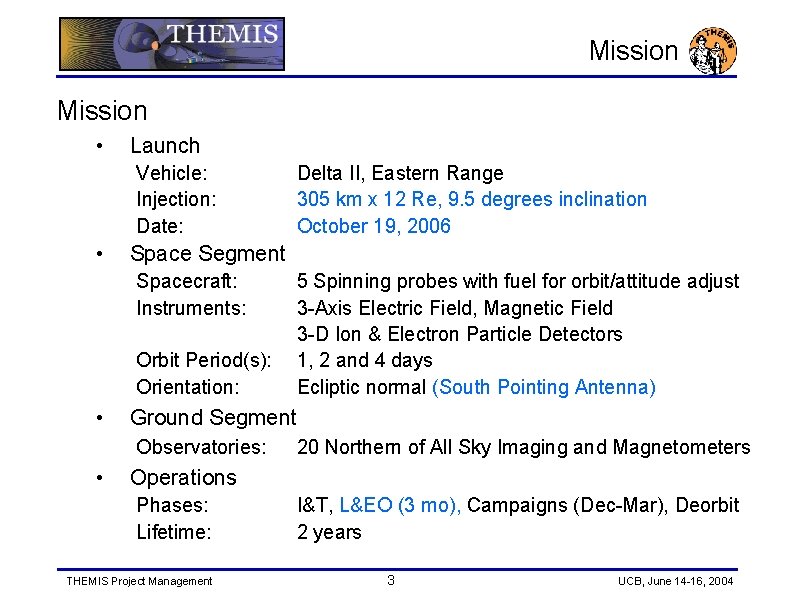 Mission • Launch Vehicle: Injection: Date: • Space Segment Spacecraft: Instruments: Orbit Period(s): Orientation: