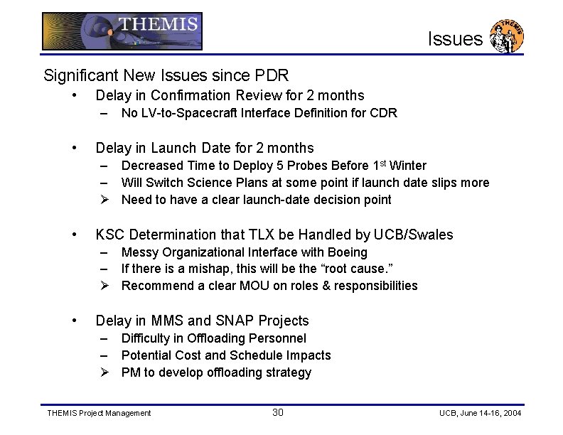 Issues Significant New Issues since PDR • Delay in Confirmation Review for 2 months