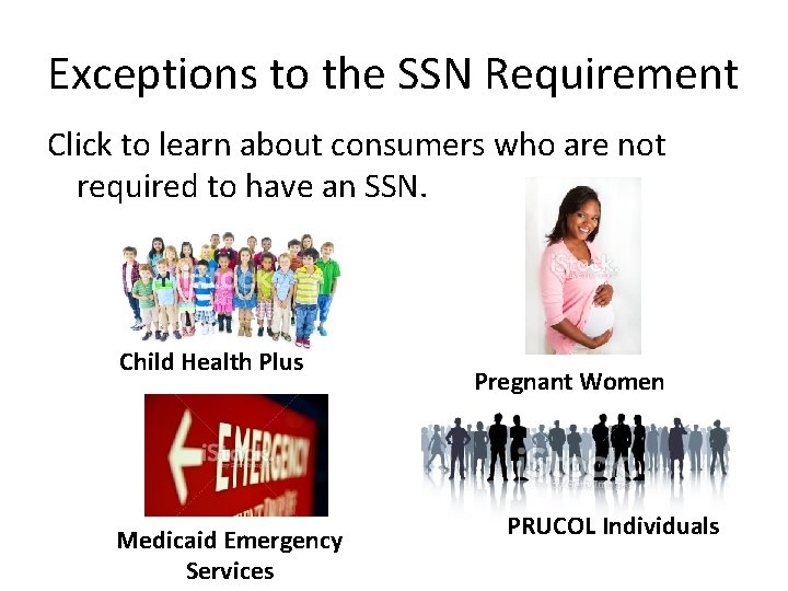 Exceptions to the SSN Requirement Click to learn about consumers who are not required Exceptions to the SSN Requirement Click to learn about consumers who are not required