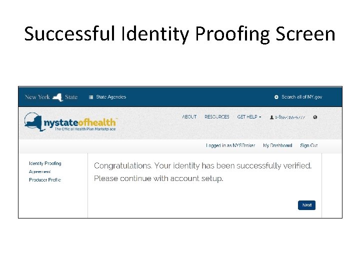 Successful Identity Proofing Screen Successful Identity Proofing Screen