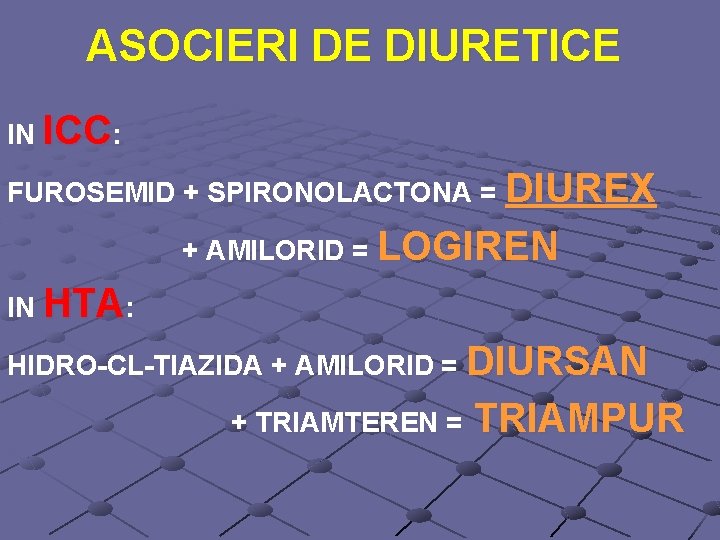 ASOCIERI DE DIURETICE IN ICC: FUROSEMID + SPIRONOLACTONA = DIUREX + AMILORID = LOGIREN